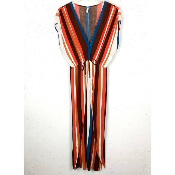 Elan Striped Maxi Cover Up Dress Plunging Bodice Slit Skirt Stripe Size Small - Picture 2 of 12